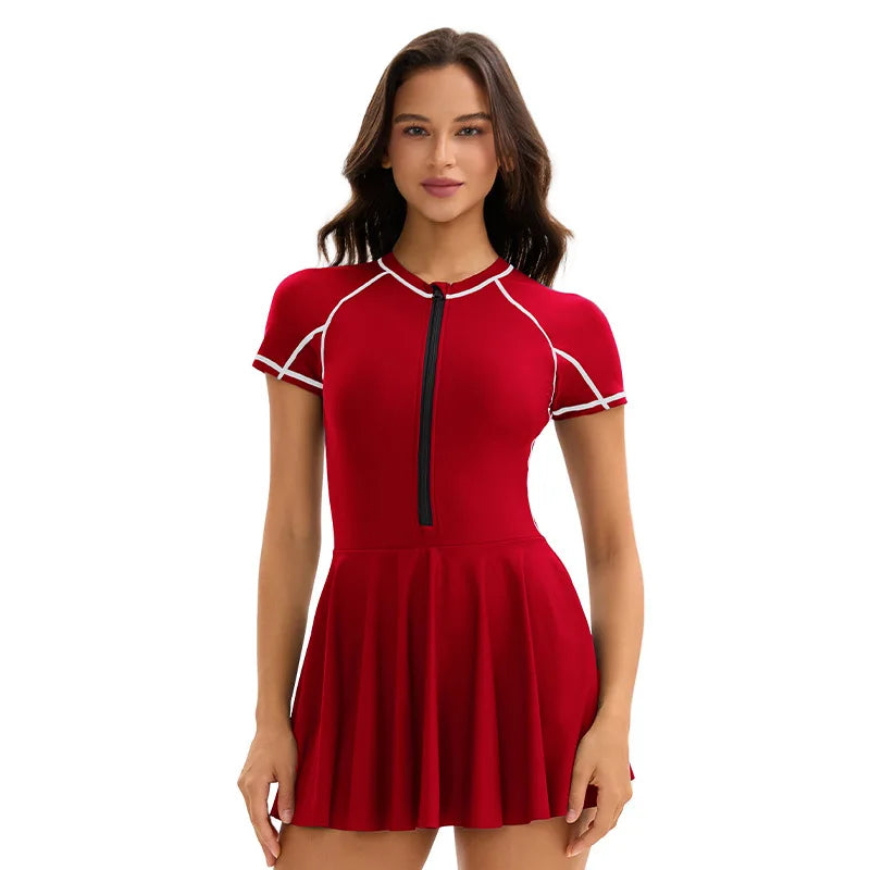 Women's high neck one-piece swimdress swimsuit with skirt by The Clothing Company Sydney