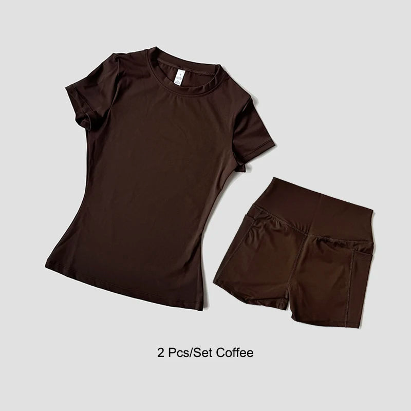 2 Piece Women's Sports Yoga Set Seamless Knitted Fitness Gym Clothes Sportswear Short Sleeve Crop Top Tracksuits Gym Bike Shorts - The Clothing Company Sydney