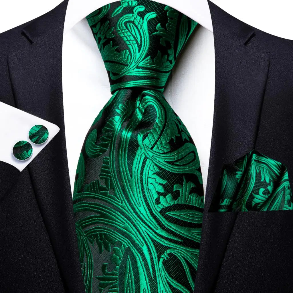 Green paisley silk tie set for men including necktie, pocket square, and cufflinks from The Clothing Company Sydney, stylish accessories.