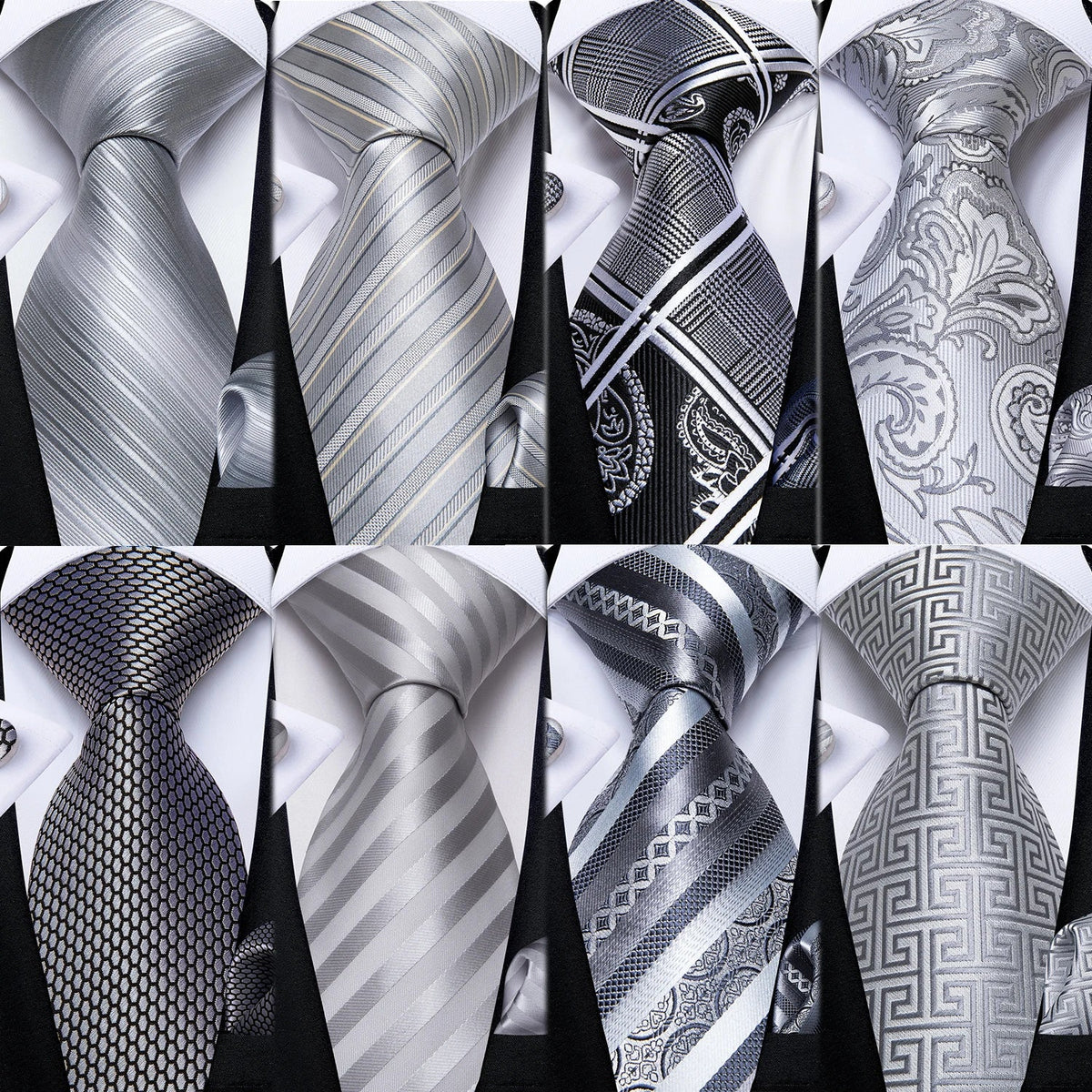 Men's gray paisley silk tie set with matching pocket square and cufflinks, stylish wedding accessory by The Clothing Company Sydney.