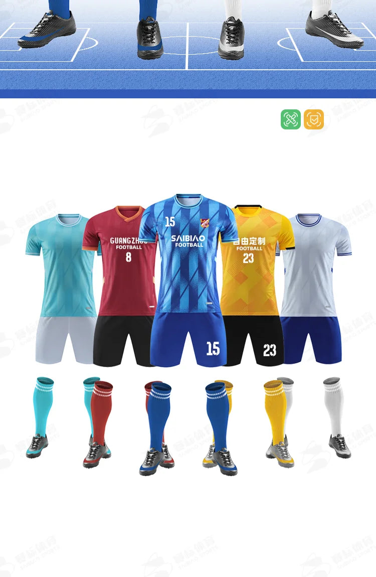 Adult kids customized football jersey and soccer uniform by The Clothing Company Sydney, featuring quick-drying sportswear and team training gear.