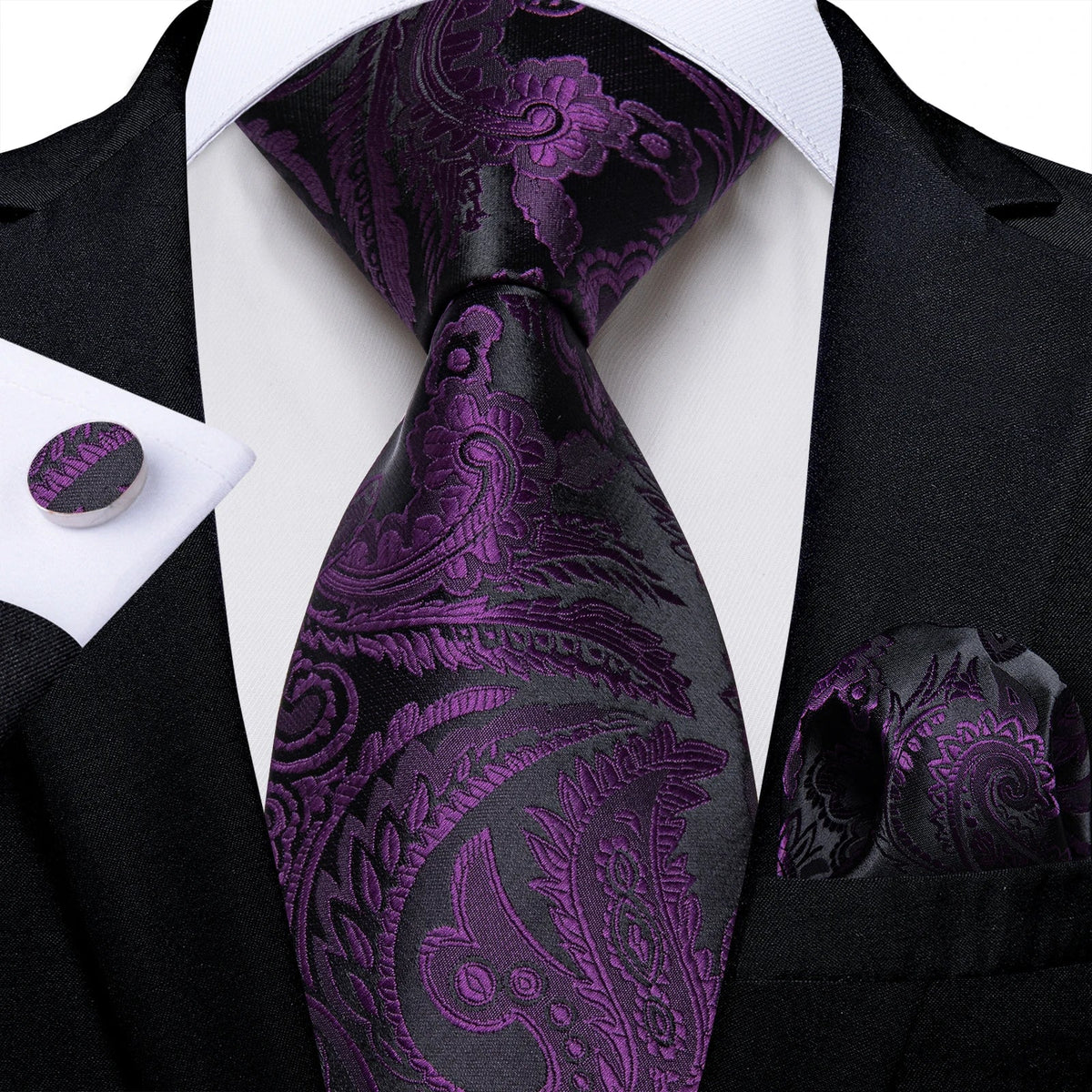 Luxury purple paisley silk tie set for men, 8cm width, includes matching pocket square, stylish accessories by The Clothing Company Sydney
