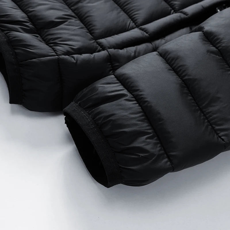 Men's hooded casual puffer down jacket by The Clothing Company Sydney, featuring a warm, quilted design with a front zipper and hood.