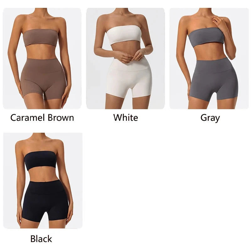 Two-piece women's fitness sports set including a strapless sports bra and workout crop top, ideal for yoga and gym workouts.