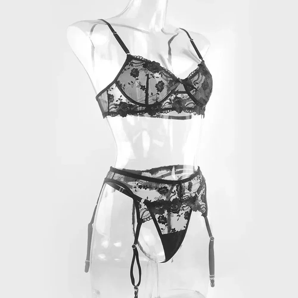 Women's 3 Piece Lace Embroidery Push Up Bra Panties Sets Deep V Gather Underwear Bras Brassiere Lingerie Set The Clothing Company Sydney