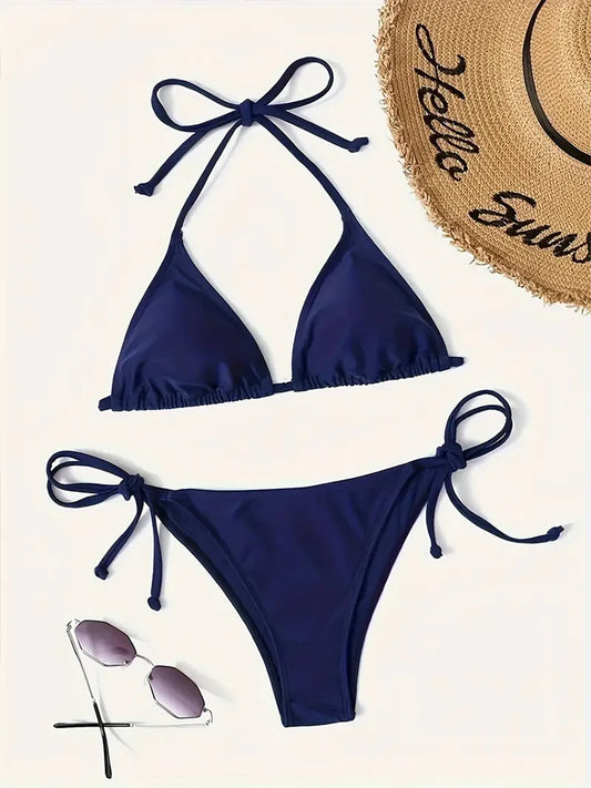 2 Piece Swimwear Thong Bikini Set Navy Blue Swimsuits Womens Bathing Suits Bikinis Triangle Bandage Female Beachwear - The Clothing Company Sydney
