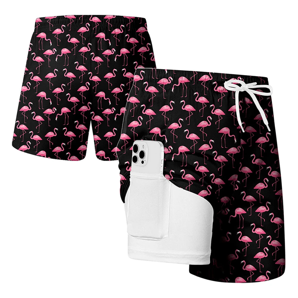 Men's quick-dry double-layer beach print swim trunks with compression liner and phone pockets