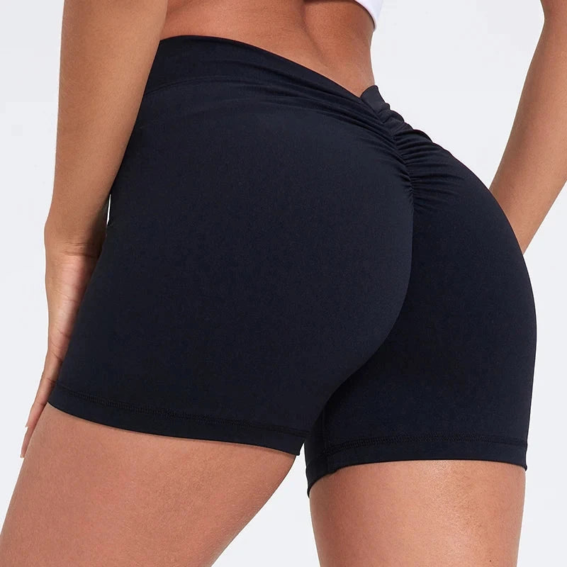 High-waisted V-back yoga shorts by The Clothing Company Sydney, fitted nylon fitness shorts for training and active sports.
