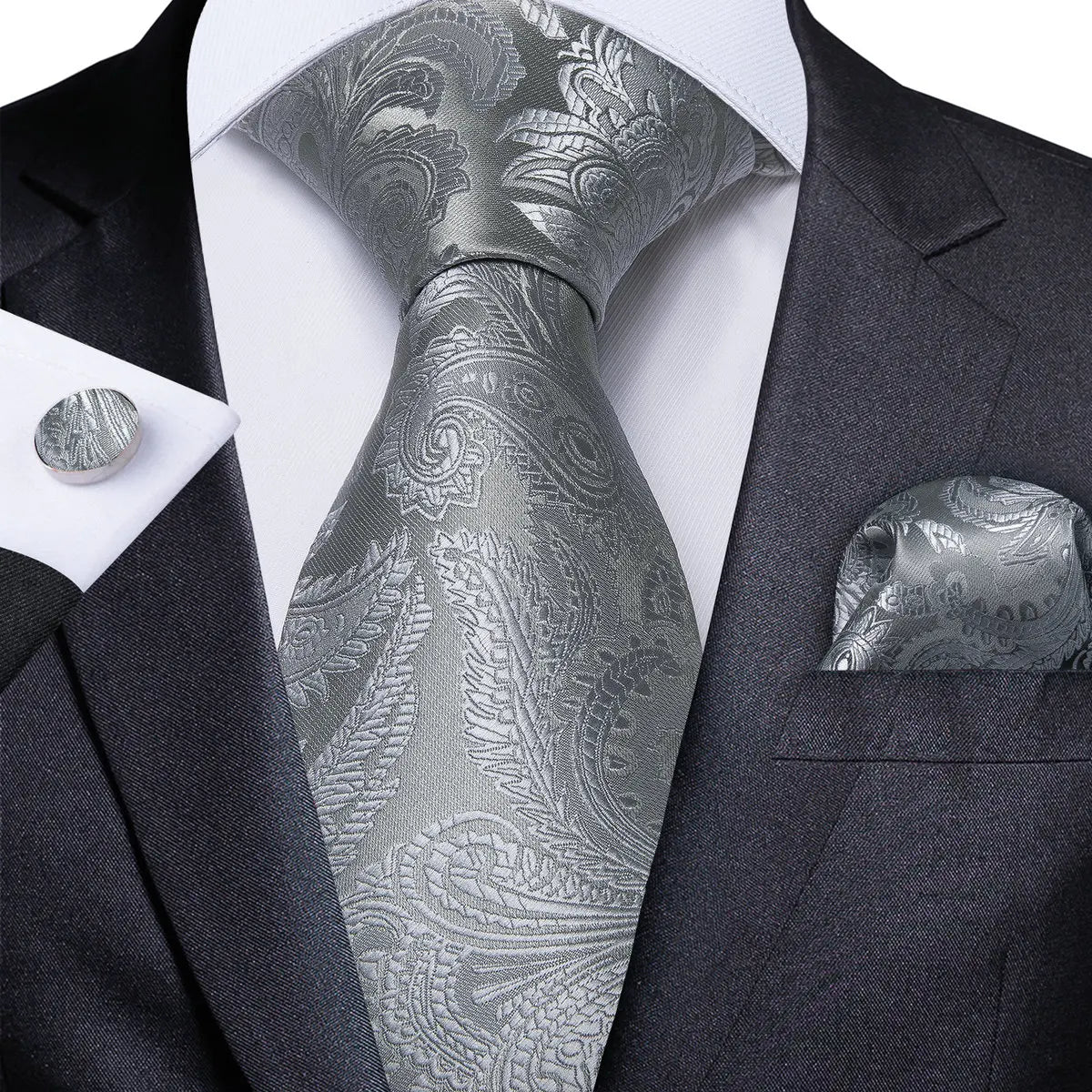 Men's gray paisley silk tie set with wedding tie, pocket square, and cufflinks, featuring elegant and intricate design.