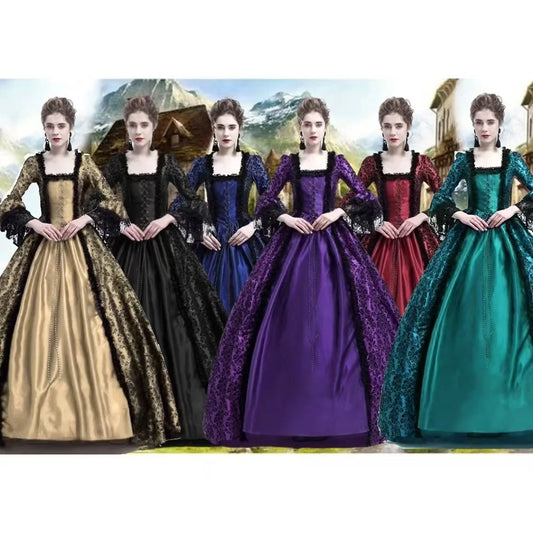 Medieval Victorian Court Lace Patchwork Gothic Halloween Witch Cosplay Party Costume Square Neck Flare Sleeve Maxi Dress