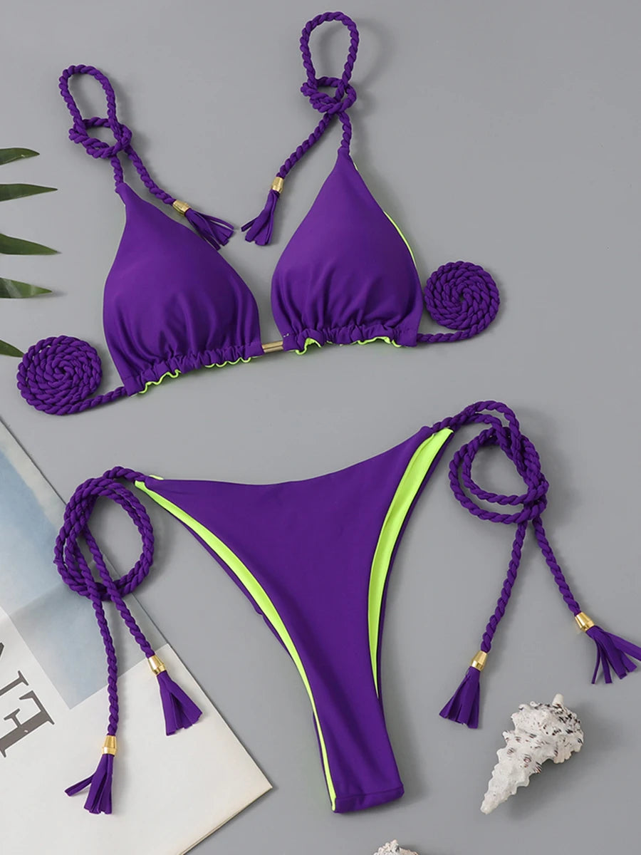 Two-piece triangle string bikini swimsuit by The Clothing Company Sydney featuring solid color and thong style for summer beachwear.