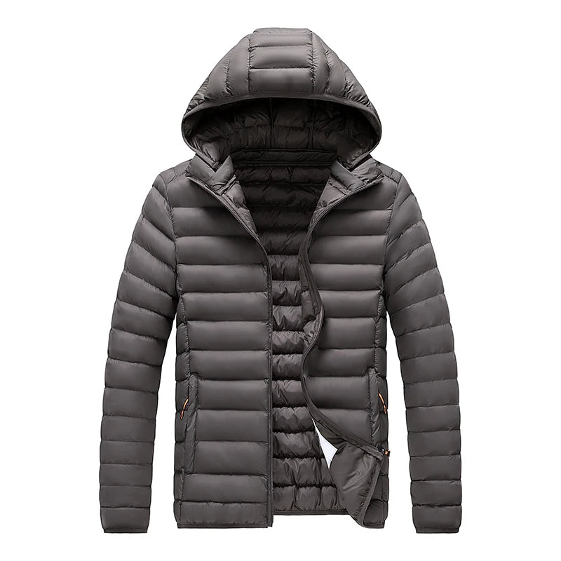 Men's hooded casual puffer down jacket by The Clothing Company Sydney, showing the insulated lightweight outerwear with hood.