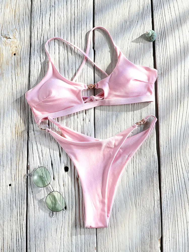 Two-piece push-up bikini set by The Clothing Company Sydney featuring hollow-out design and low waist string swimwear for beachwear.