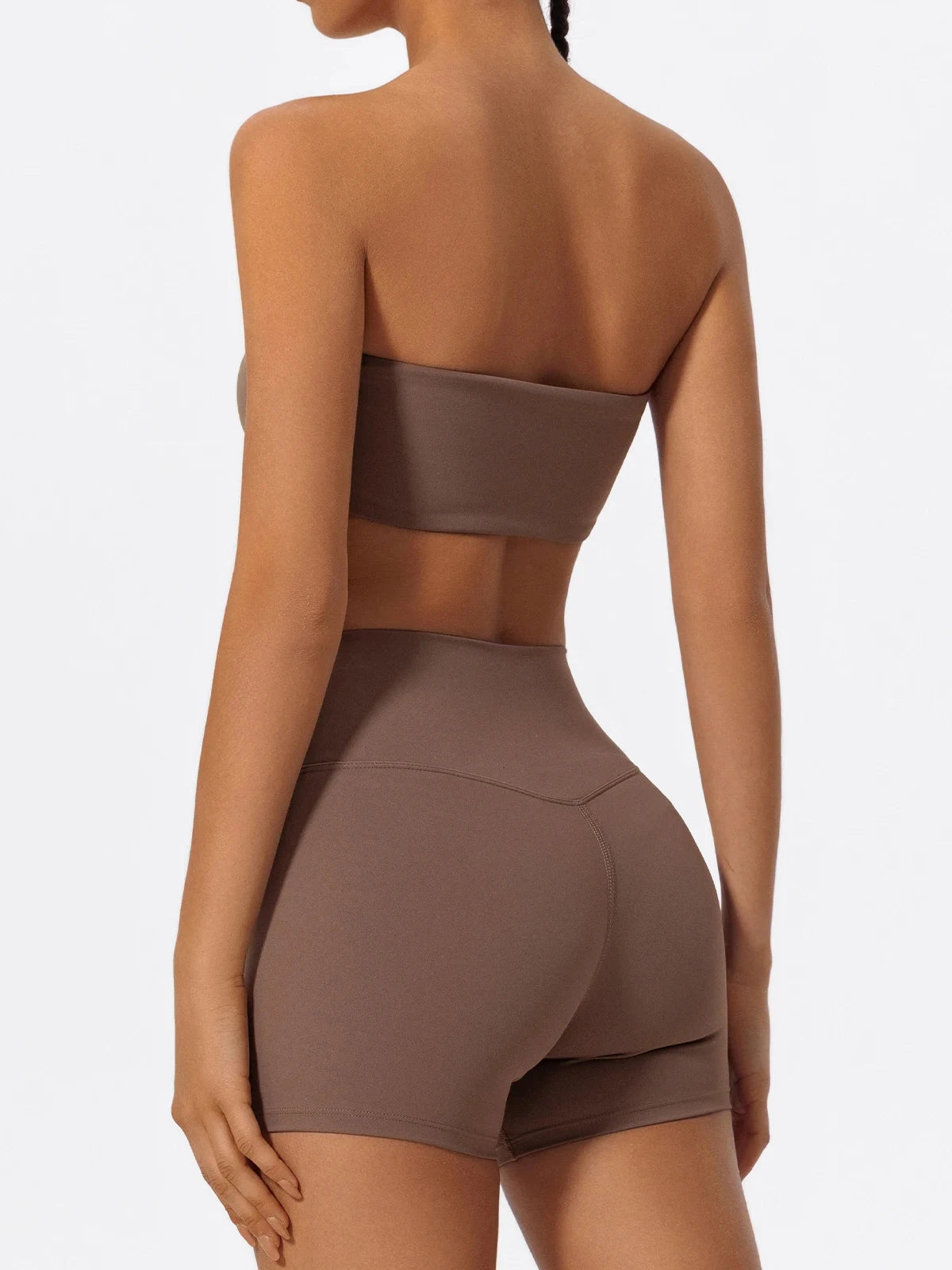 Two-piece women's fitness sports set with strapless bra and gym crop top, ideal for workout and yoga by The Clothing Company Sydney.