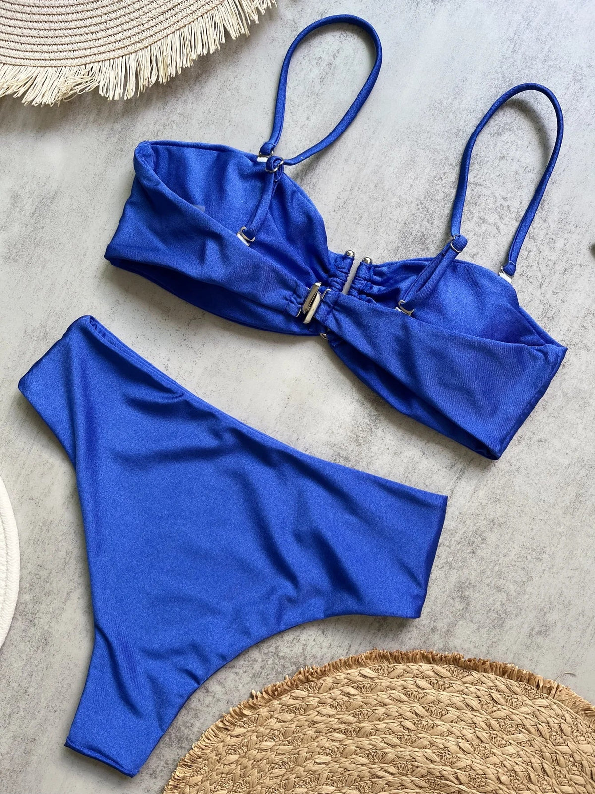 Two-piece bandeau bikini set by The Clothing Company Sydney featuring push-up top and thong bottoms in solid beachwear style.
