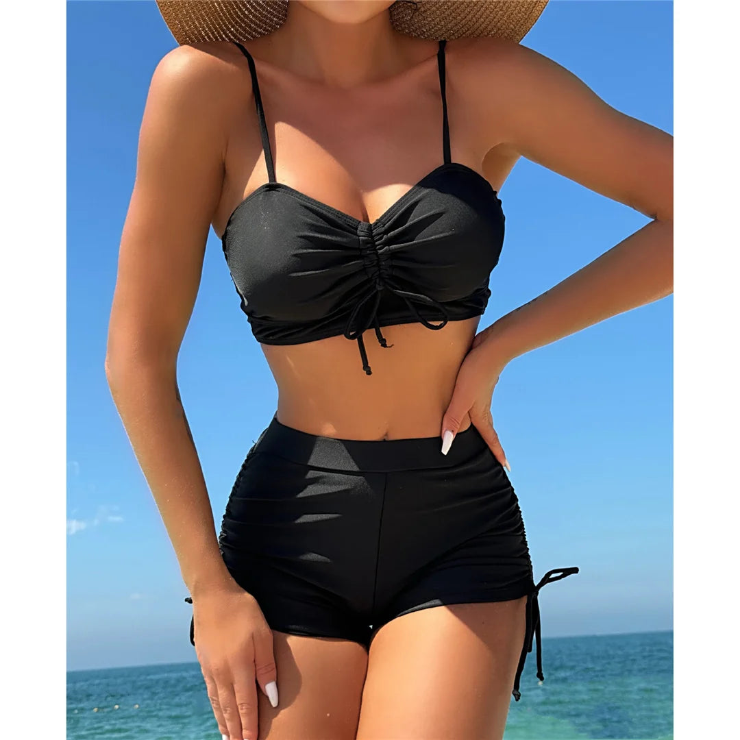 High-waist wrinkled knotted bikini set from The Clothing Company Sydney, featuring a two-piece swimsuit for women.