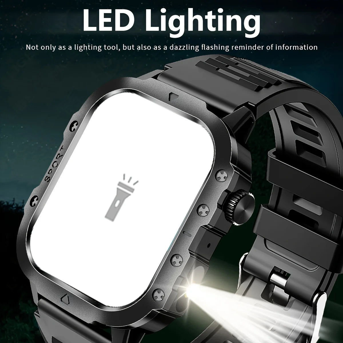 Men's LED smart watch with Bluetooth, voice control, multi-sport modes, and health monitoring, outdoor sports smartwatch in black.
