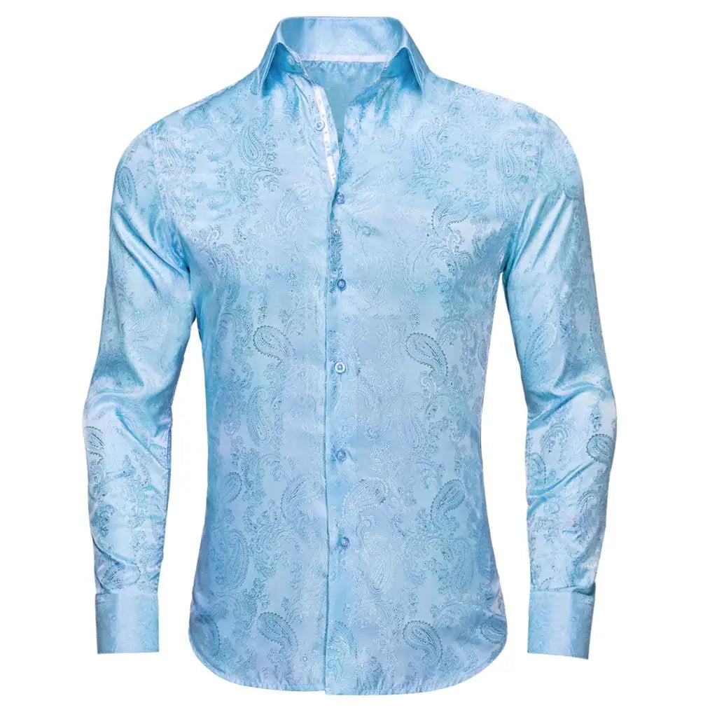 Sky Blue Mens Shirts Spring Autumn Paisley Long Sleeve Lapel Shirt Business Party Wedding Dress Shirt The Clothing Company Sydney