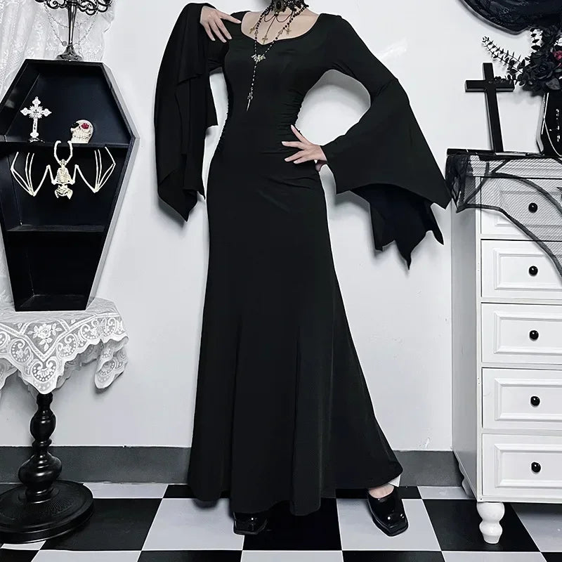 Women's Gothic Halloween costume dress with batwing sleeves in black, featuring a stylish and spooky design by The Clothing Company Sydney.