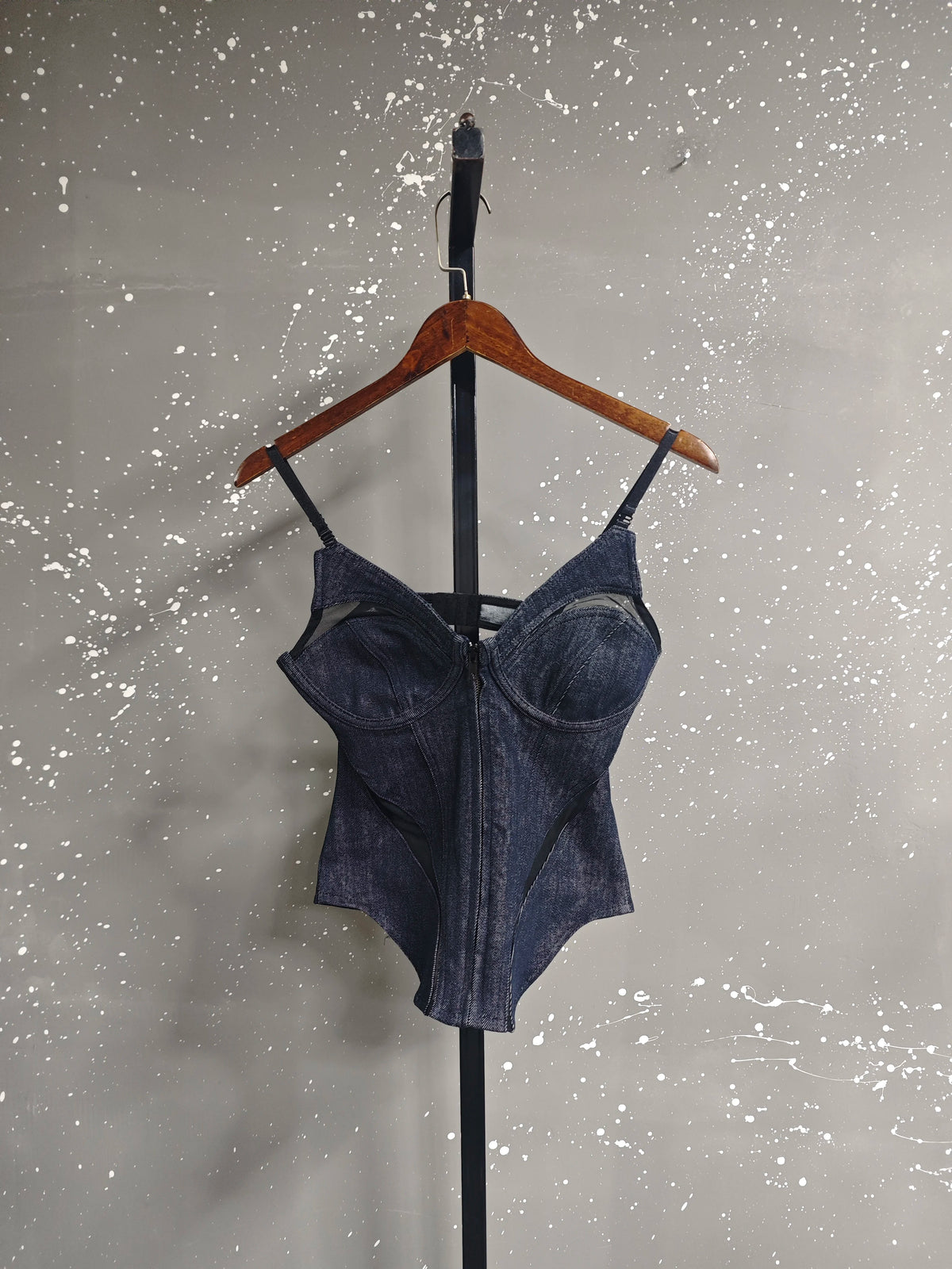 Trendy Patchwork Mesh Denim Camisole Vest For Women Outwear Backless Tank Top