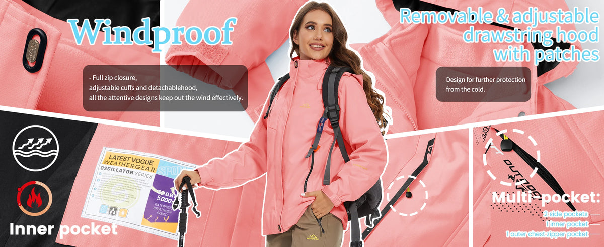 The Clothing Company Sydney womens 3-in-1 winter fleece waterproof ski snowboard jacket with hood, outdoor windbreaker, rain coat, and parka