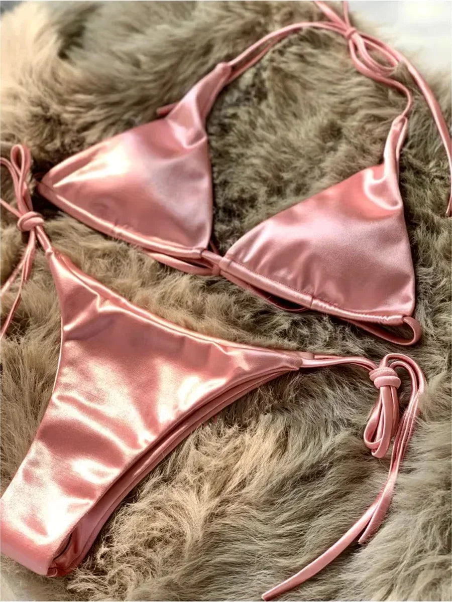 Silver metallic halter bikini set with high-cut bottoms, Brazilian style swimwear by The Clothing Company Sydney, perfect for beachwear.