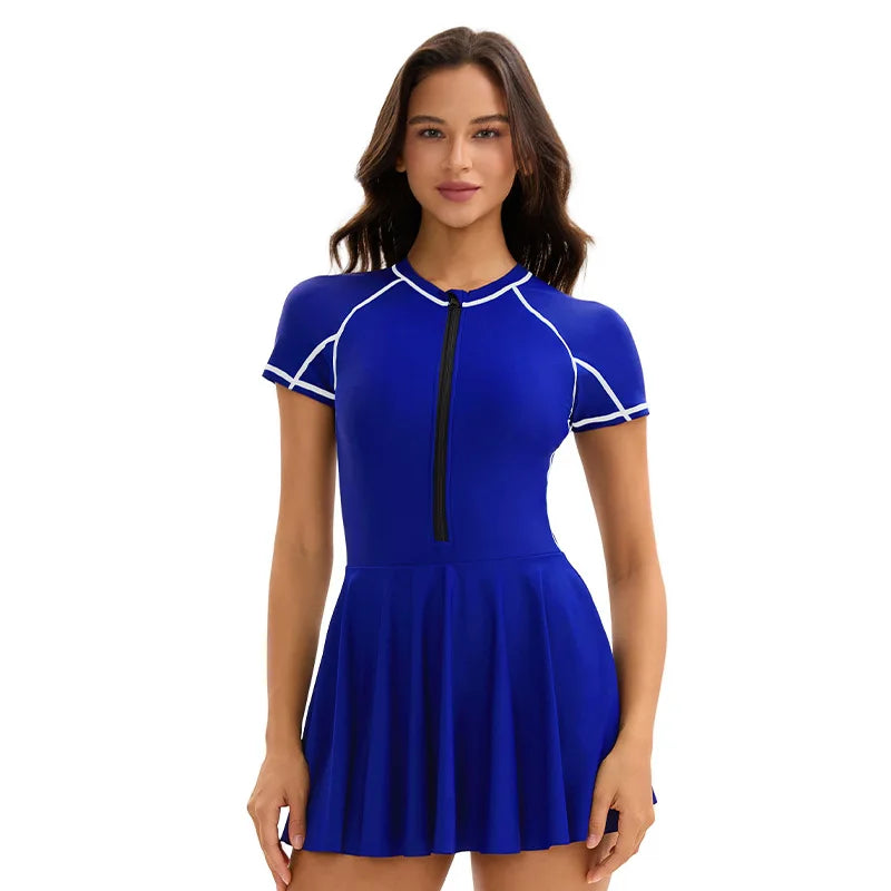 Women's one-piece swimdress with high neck, skirt, and sporty fit by The Clothing Company Sydney