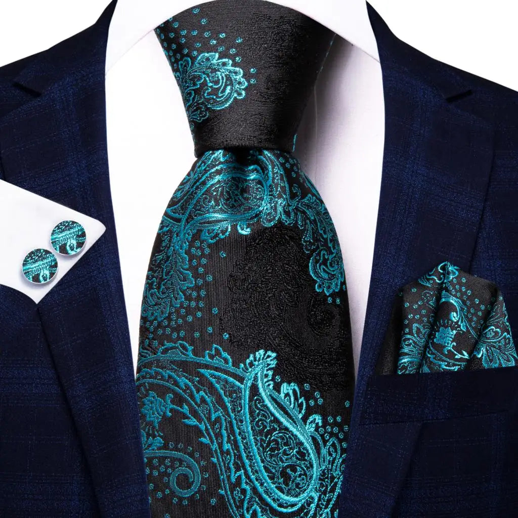 Green paisley silk tie set for men including necktie, pocket square, and cufflinks, stylish accessories from The Clothing Company Sydney