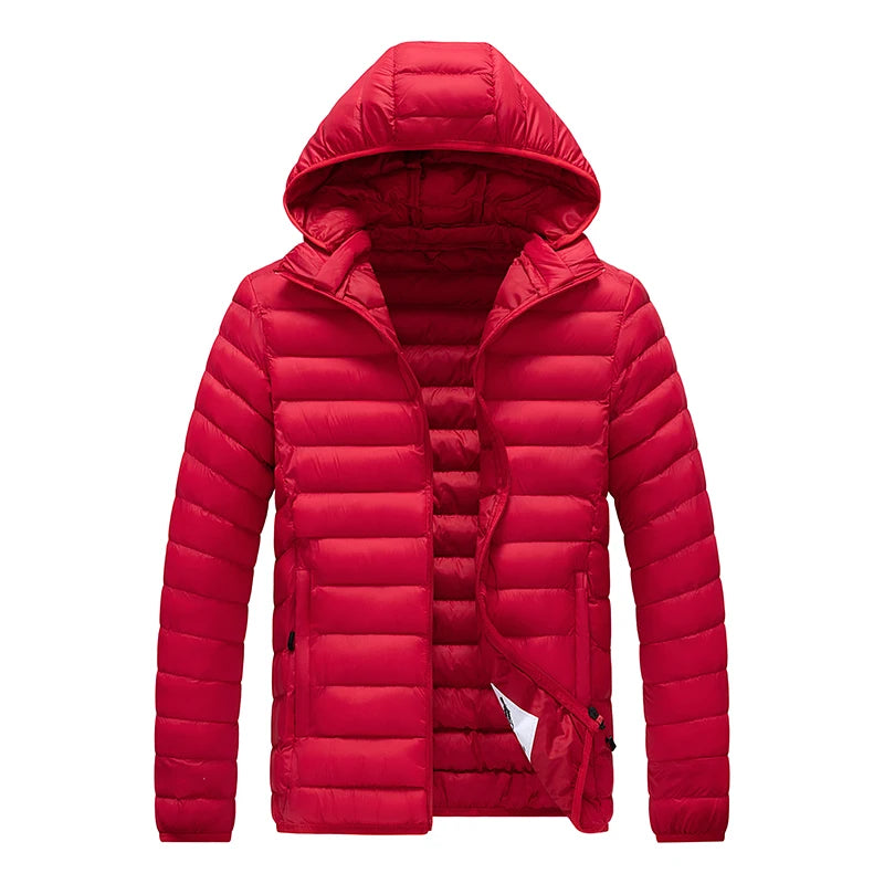Men's hooded casual puffer down jacket by The Clothing Company Sydney, showing the black insulated outerwear with hood and front zipper.