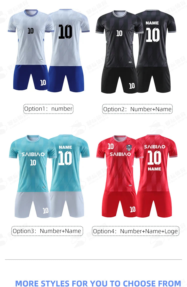 Adult kids football jersey set by The Clothing Company Sydney featuring custom soccer uniform, quick-drying sportswear and futsal tracksuit.