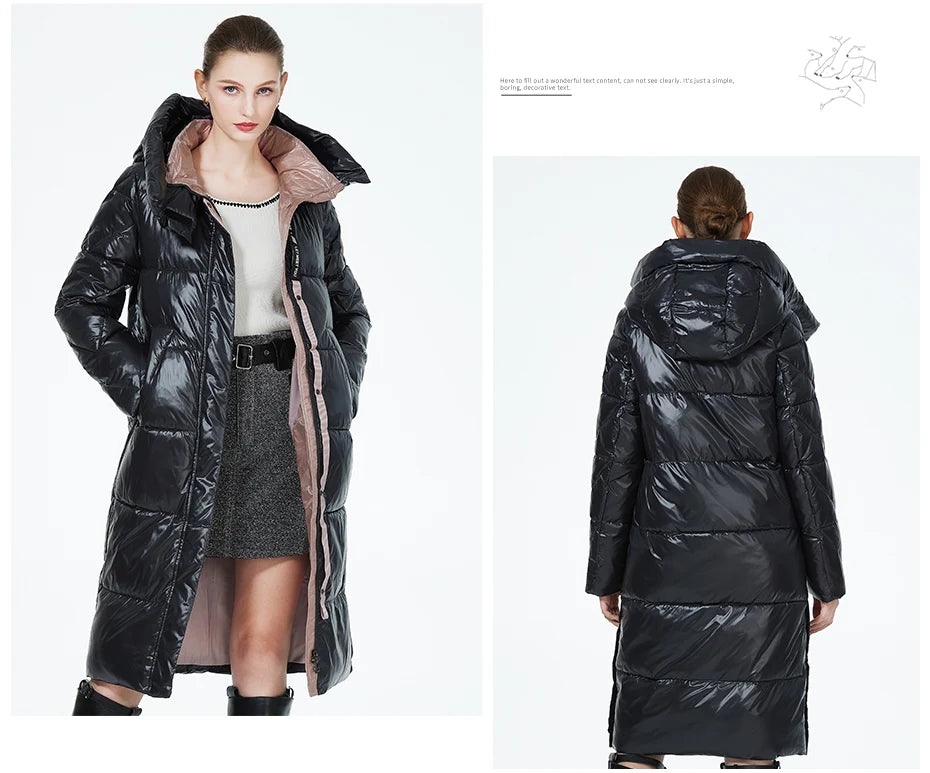 Women’s long hooded winter parka by The Clothing Company Sydney, thick quilted puffer jacket with front pockets.