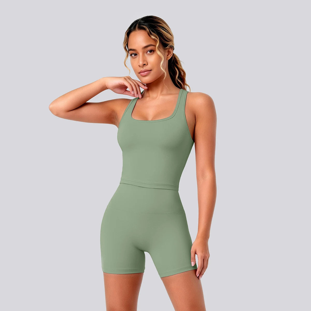 2 Piece Women's Breathable Workout Top I-shaped Vest Push Up Quick-Dry Summer Yoga Shorts Matching Set
