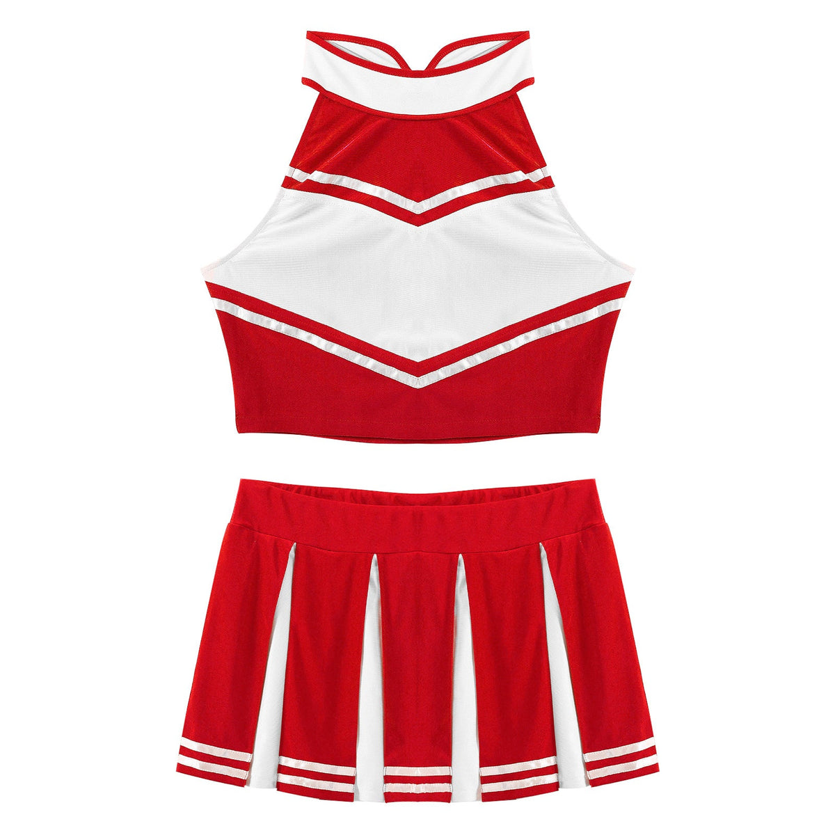 Women's cheerleader cosplay costume with stand collar crop top and mini pleated skirt, from The Clothing Company Sydney.