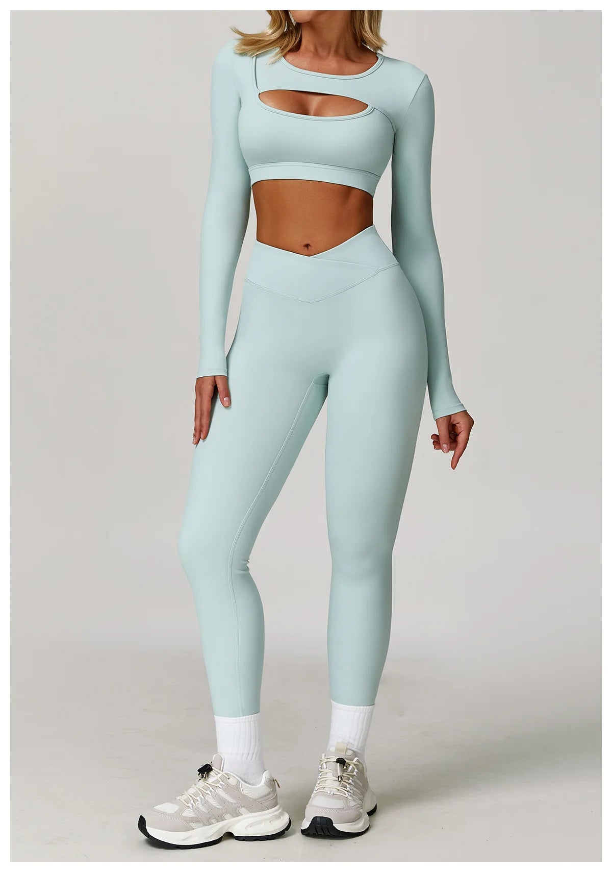 Two-piece women's sportswear set with workout leggings and sports bra from The Clothing Company Sydney, ideal for yoga and gym workouts.