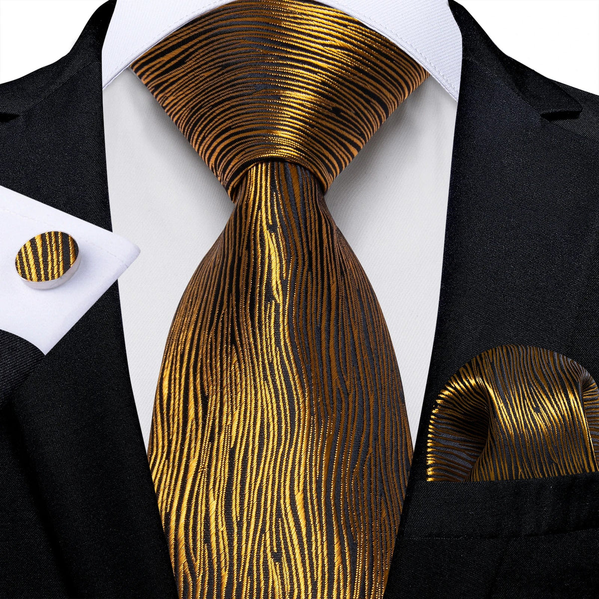 Luxury black and gold paisley silk tie set with matching pocket square and cufflinks, men's accessories by The Clothing Company Sydney.