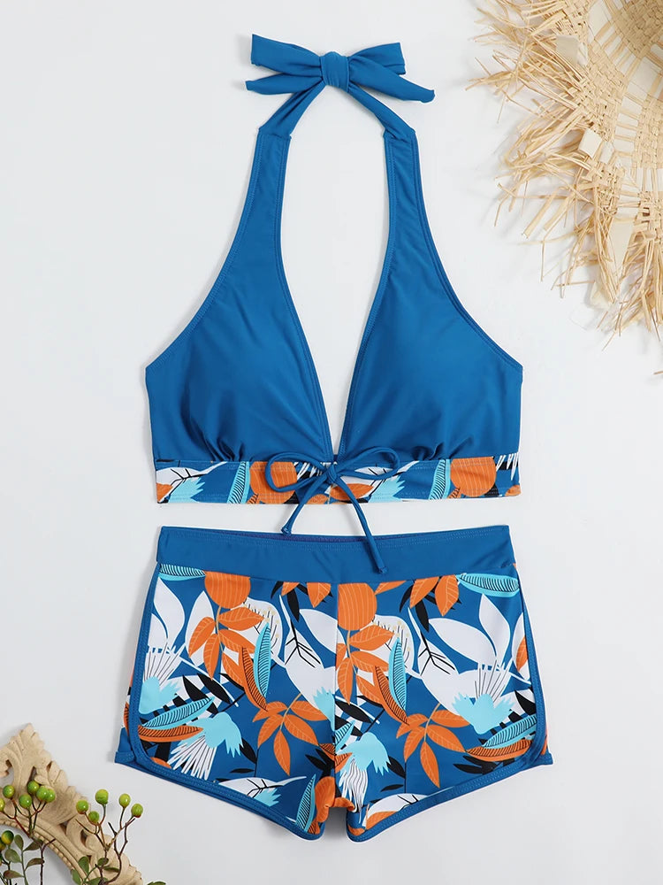 2 Piece Halter Bikini Set Shorts Swimsuit High Waist Swimwear Female Printed Bathers Swimming Bathing Swim Suit Beachwear - The Clothing Company Sydney