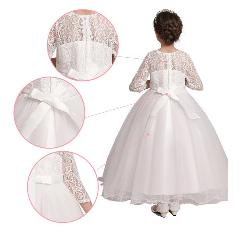 Baby girl princess party gown by The Clothing Company Sydney, white wedding and birthday dress with floral details for kids.