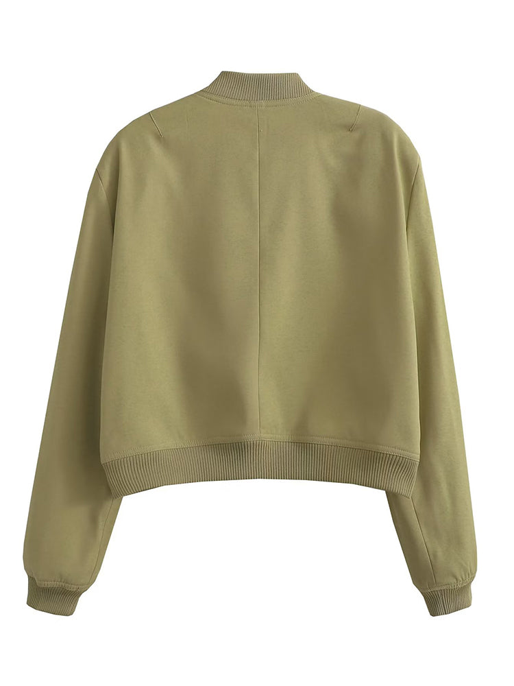 Women's bomber jacket from The Clothing Company Sydney, featuring a stylish design with a zip front and ribbed cuffs.