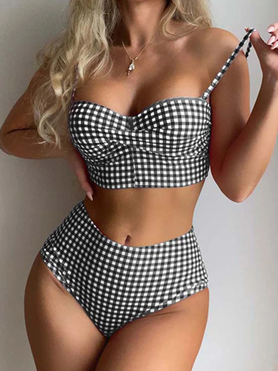 High waist printed swimsuit with straps and padding, designed by The Clothing Company Sydney, ideal for beachwear and swimming.