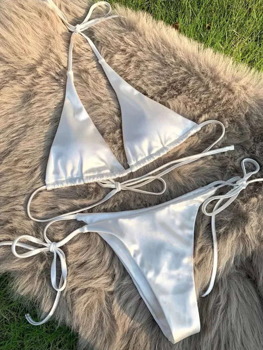 Two-piece Brazilian metallic satin halter swimsuit from The Clothing Company Sydney, high-cut bikini set for beachwear.