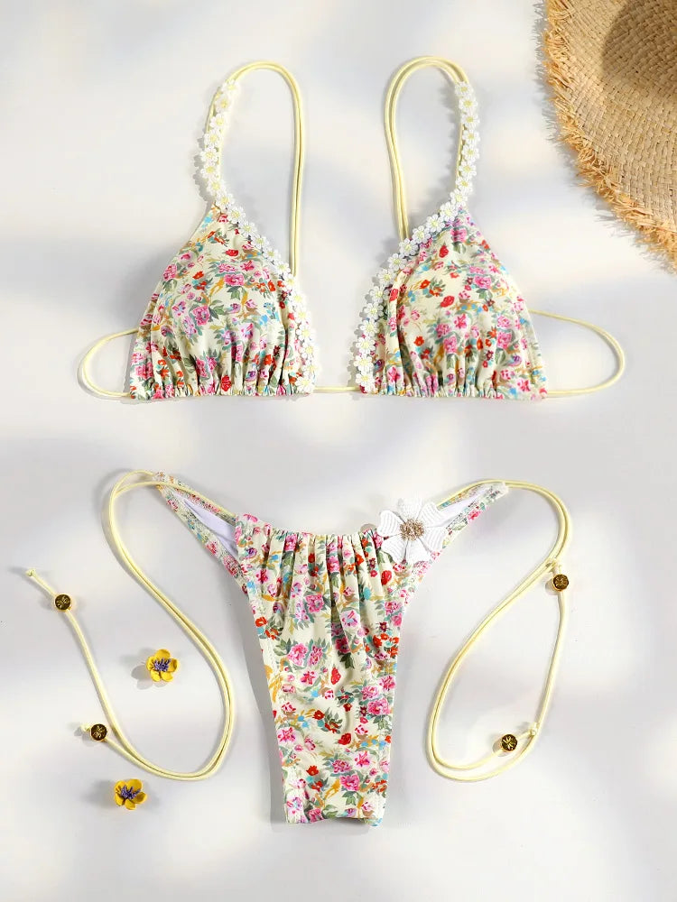 2 Piece Triangle Micro Thongs Swimsuit Bathing Suit Bandage Beachwear Print Swimwear Thong Bikini Set