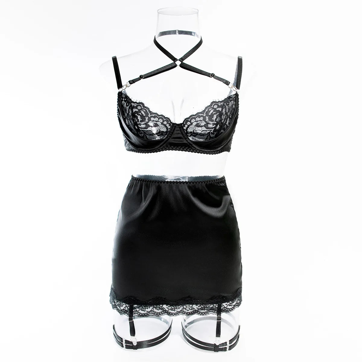 Lace lingerie set including halter bra, heart g-string, and garter belt, featuring intricate lace details from The Clothing Company Sydney.
