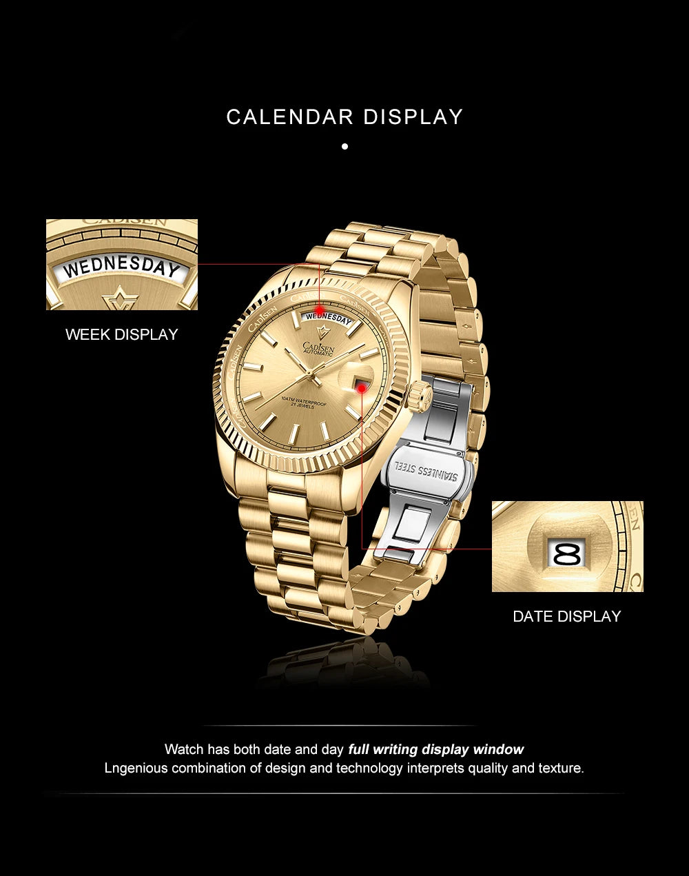 Cadisen DD40 men's luxury automatic wristwatch with AR sapphire glass, Miyota 8285 movement, and 10Bar water resistance.
