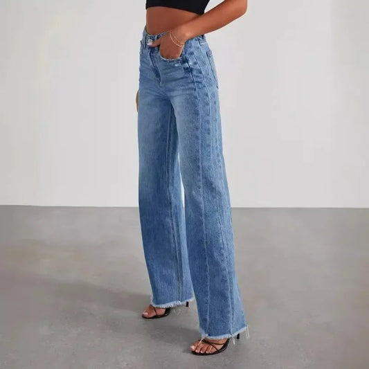 Spring Summer Women's Clothing Solid Color Loose Wide Leg Side Seam Stitching Frayed Hem Jeans The Clothing Company Sydney