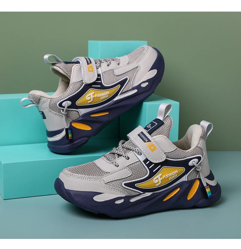 Boys’ breathable mesh sneakers by The Clothing Company Sydney, lightweight kids’ sports shoes with non-slip soles and hook & loop closure.