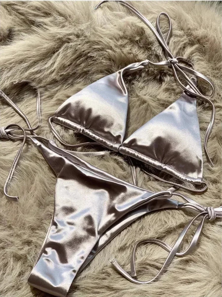 Two-piece Brazilian metallic satin halter swimsuit by The Clothing Company Sydney, high-cut bikini set for beachwear and swimming.