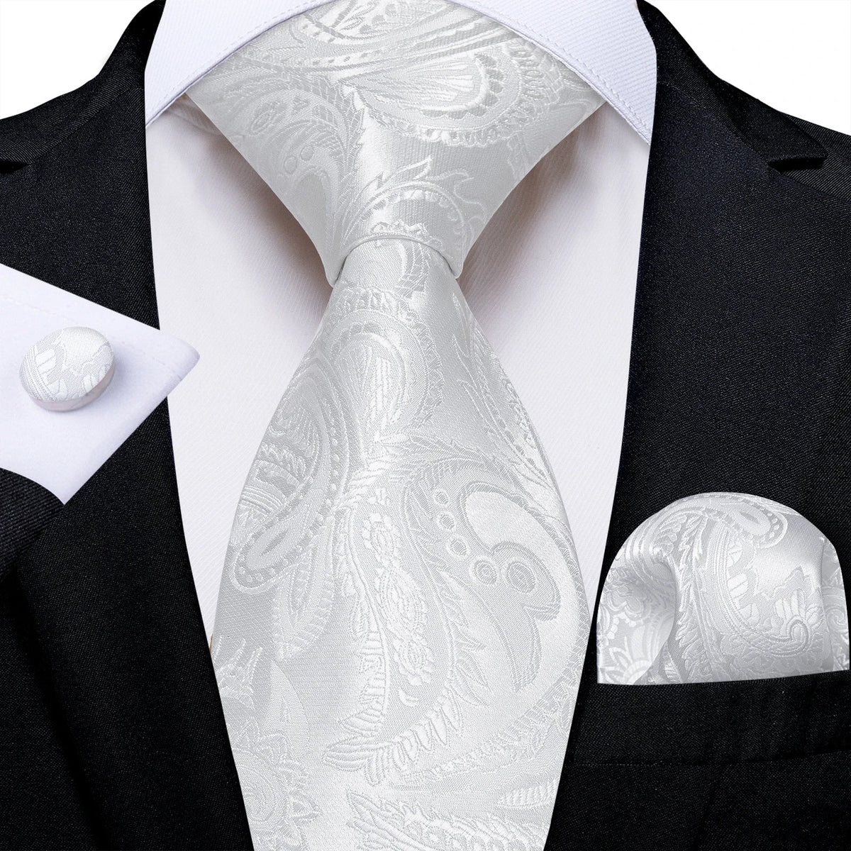 Men's gray paisley silk tie set with wedding tie, pocket square, and cufflinks, featuring elegant pattern and luxurious fabric.