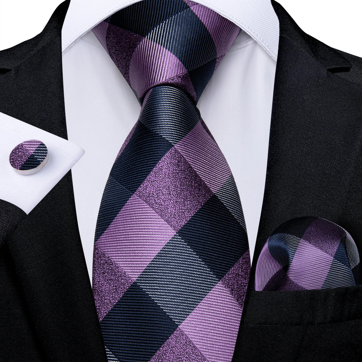 Luxury purple paisley silk tie set for men by The Clothing Company Sydney, featuring an 8cm wide silk tie and matching accessories.