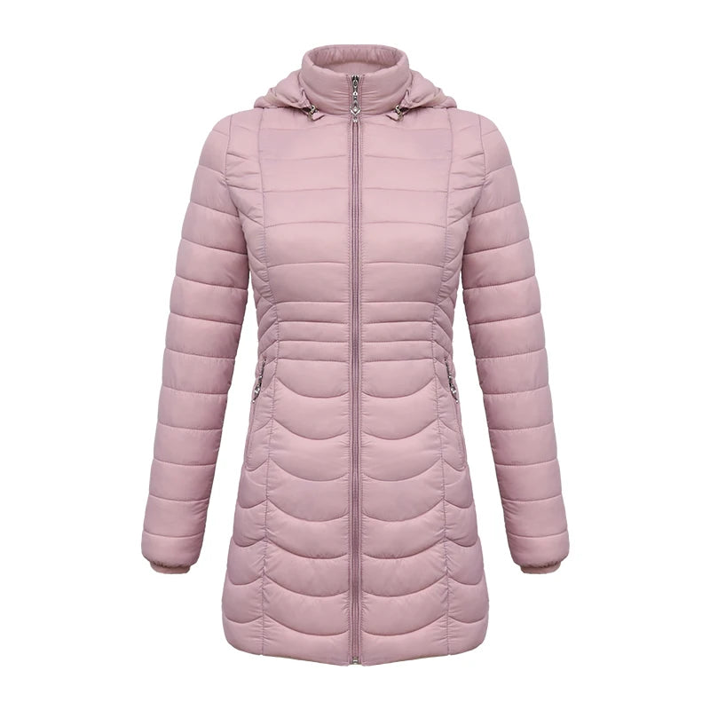 Women’s ultralight winter parka coat with hood, padded cotton outdoor jacket by The Clothing Company Sydney, shown in black.