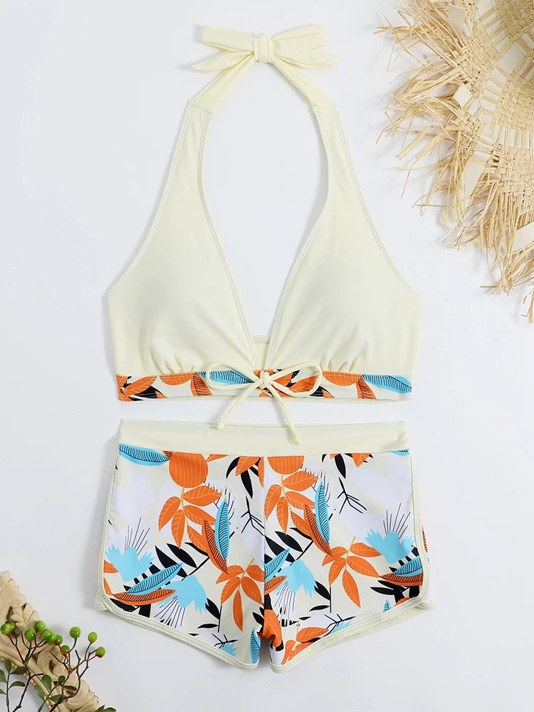 2 Piece Halter Bikini Set Shorts Swimsuit High Waist Swimwear Female Printed Bathers Swimming Bathing Swim Suit Beachwear - The Clothing Company Sydney